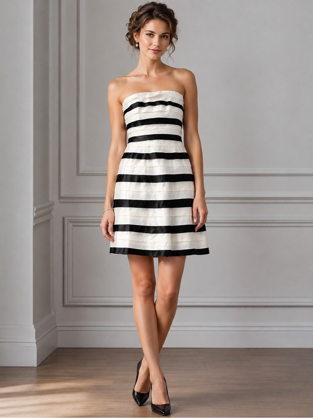 BCBGMAXAZRIA Women Strapless Tiered Satin Black White Dress 0 Formal wedding